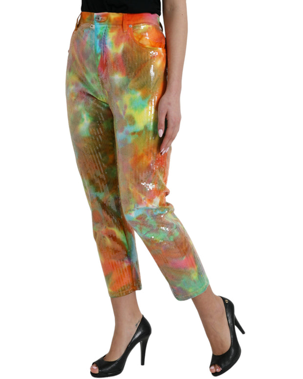 Multicolor Tie Dye Sequined High Waist Cropped Pants