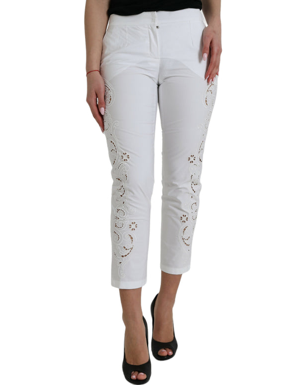 White Cut Out Cotton Mid Waist Cropped Pants
