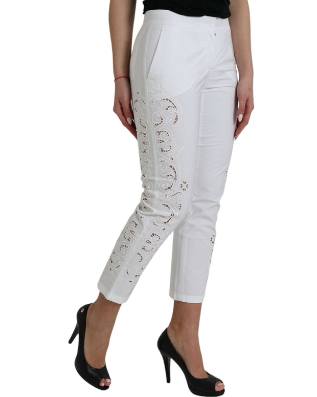 White Cut Out Cotton Mid Waist Cropped Pants