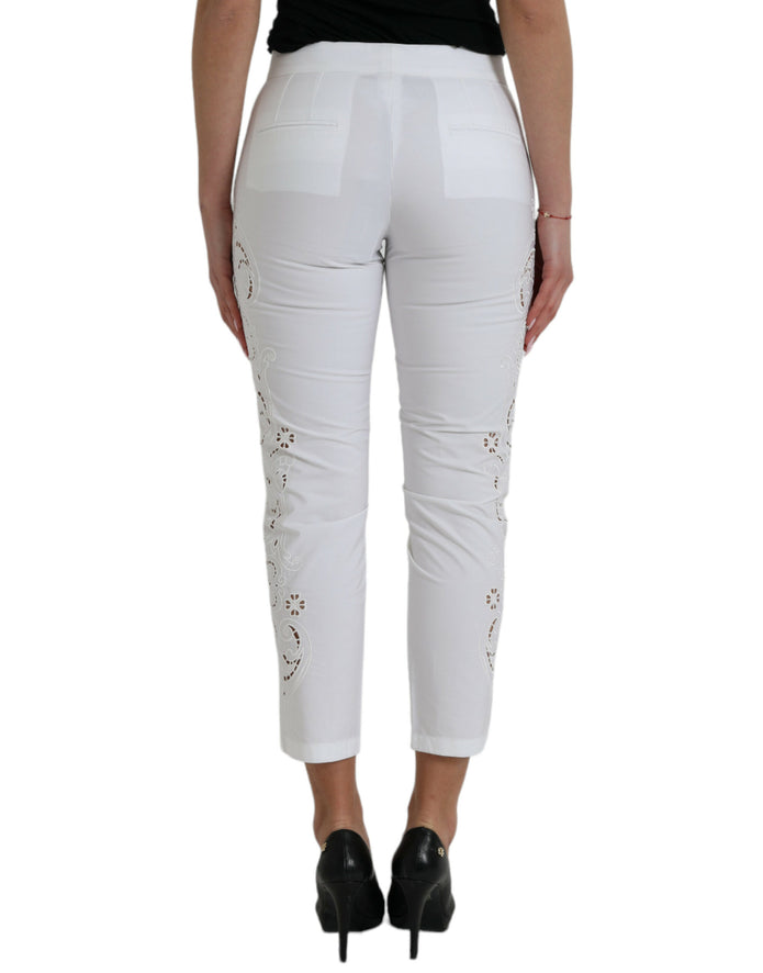 White Cut Out Cotton Mid Waist Cropped Pants