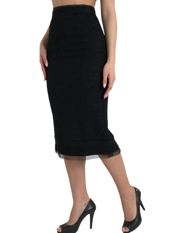 Black Wool High Waist Pencil Cut Midi Skirt