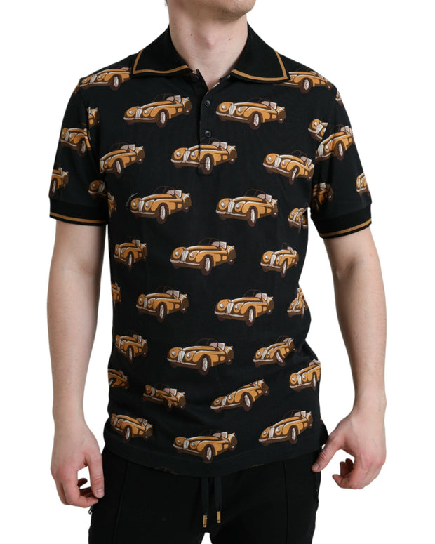 Black Car Print Short Sleeve Polo T-shirt