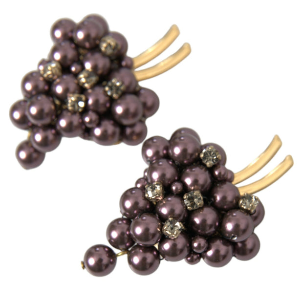 Purple Grape Pearl Sicily Gold Brass Floral Clip On Earrings