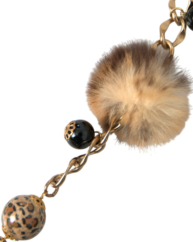 Gold Brass Leopard Fur Pearl Collier Chain Belt