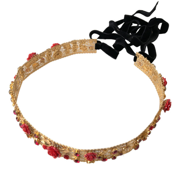 Gold Brass Red Roses Crystal Jewel Waist Belt