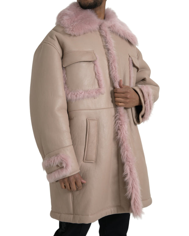 Beige Pink Lamb Leather Shearling Coat Jacket