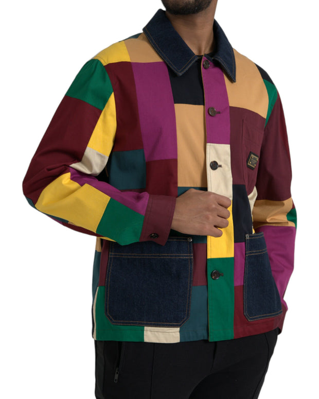 Multicolor Patchwork Cotton Collared Jacket