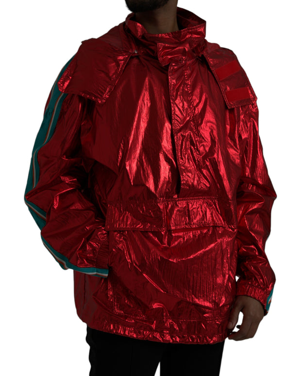 Red Nylon Hooded Pullover Sweatshirt Jacket