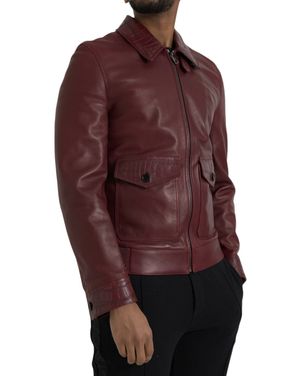 Maroon Exotic Leather Zip Biker Coat Jacket