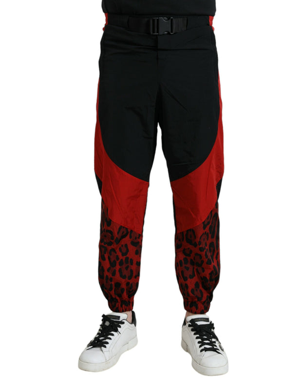 Black Red Leopard Print Nylon Jogger Pants