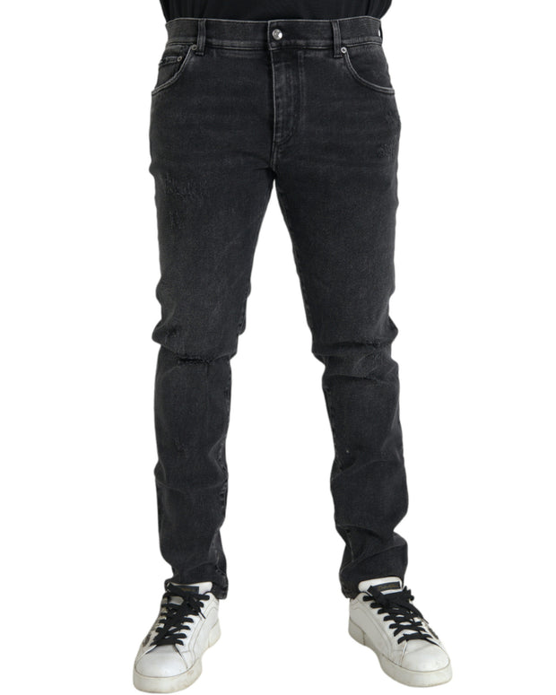 Gray Cotton Stretch Skinny Denim Logo Jeans
