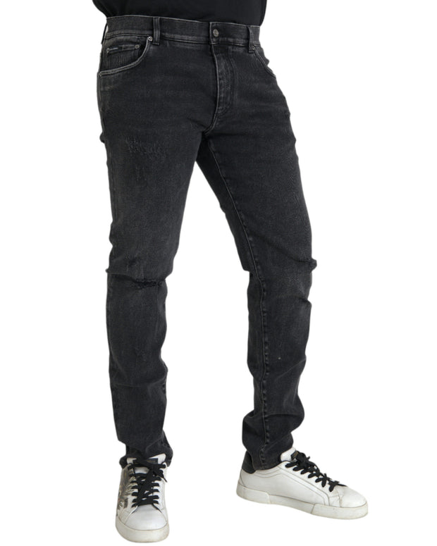 Gray Cotton Stretch Skinny Denim Logo Jeans