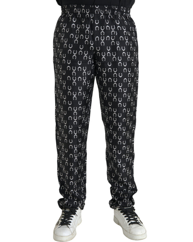 Black Horseshoe Print Silk Pants