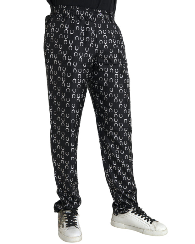 Black Horseshoe Print Silk Pants