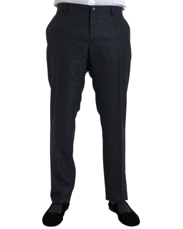 Blue Brocade Wool Skinny Men Dress Pants