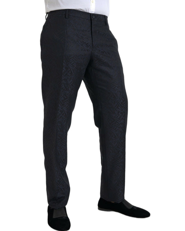 Blue Brocade Wool Skinny Men Dress Pants