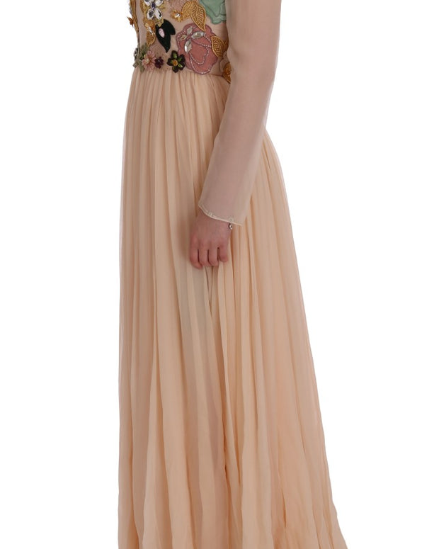 Pink Silk Floral Crystal Maxi Gown Dress