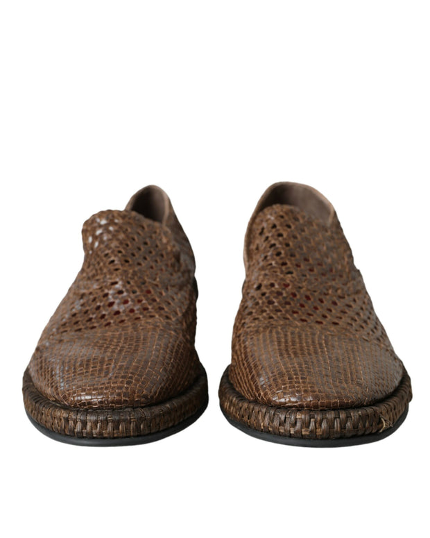 Brown Woven Leather Loafers Casual Shoes