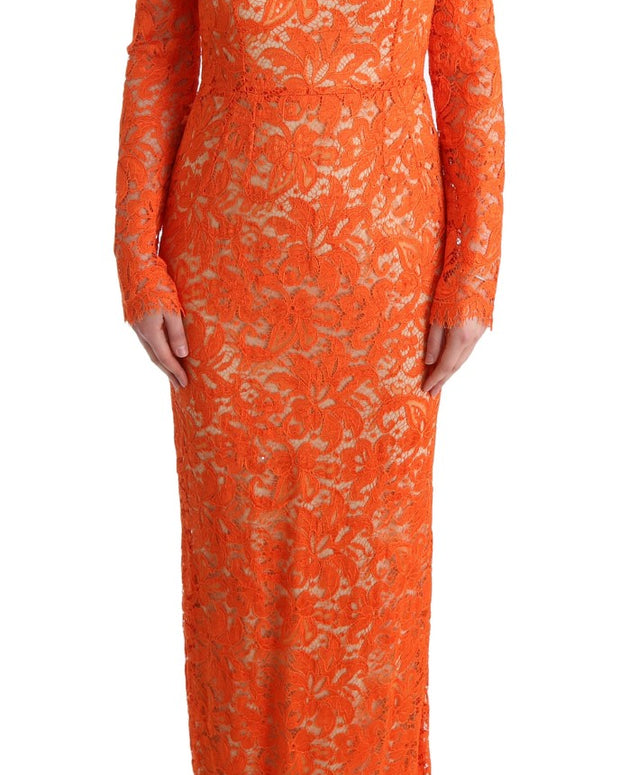 Orange Floral Ricamo Sheath Long Dress