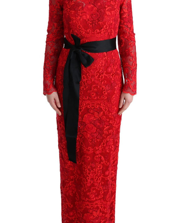 Red Floral Ricamo Sheath Long Dress