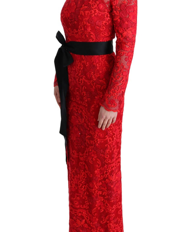 Red Floral Ricamo Sheath Long Dress