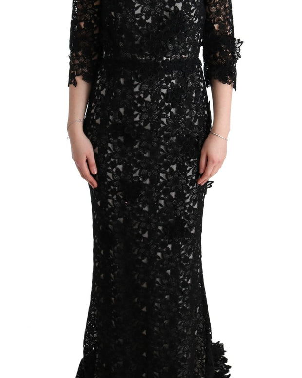 Black Cotton Silk Floral Long Dress