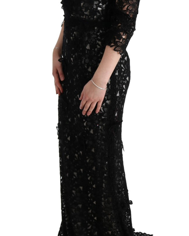Black Cotton Silk Floral Long Dress