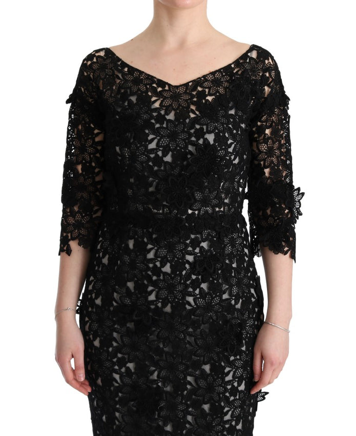 Elegant Black Maxi Shift Dress with Floral Applique