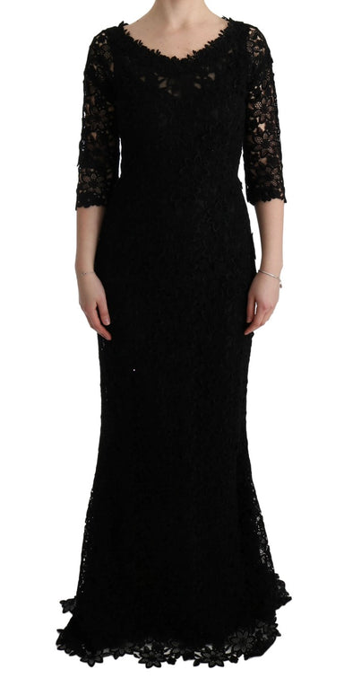 Black Floral Ricamo Sheath Long Dress