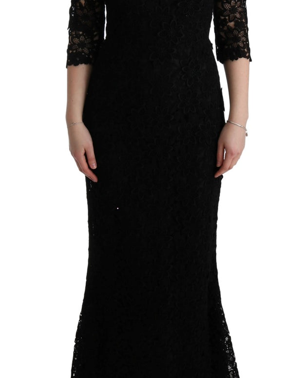 Black Floral Ricamo Sheath Long Dress