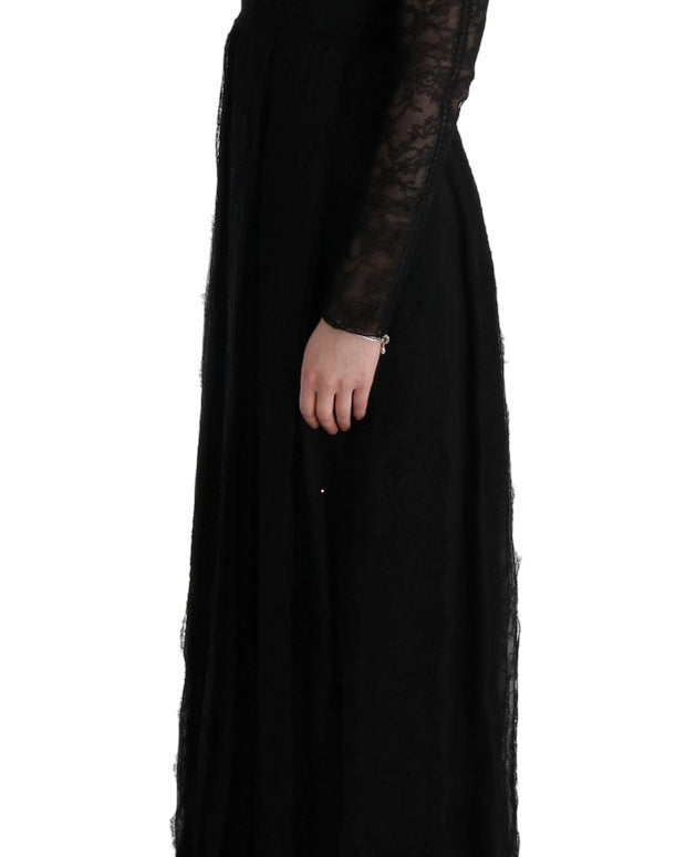 Black Floral Lace Sheath Silk Dress