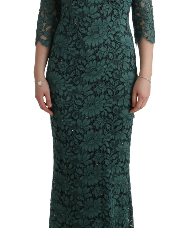 Green Floral Crystal Ricamo Sheath Dress