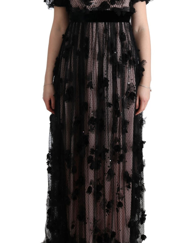 Black Pink Silk Applique Shift Dress