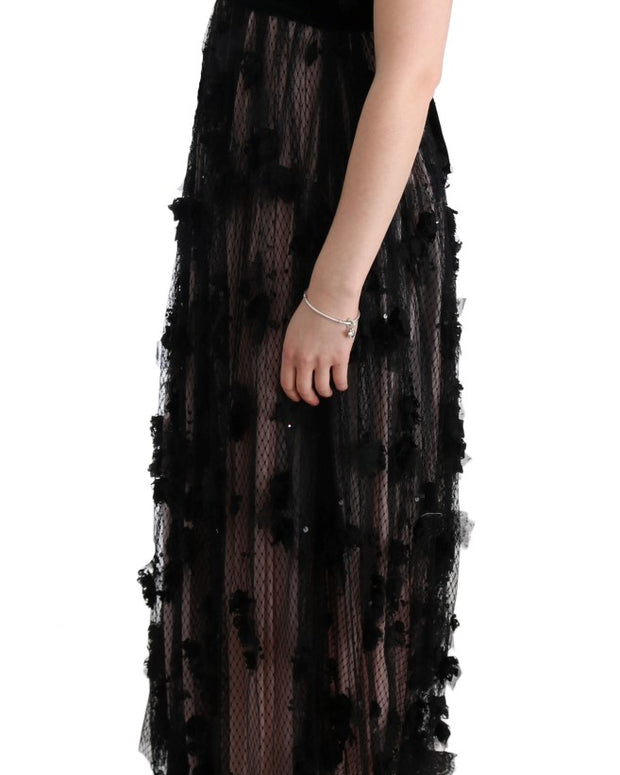 Black Pink Silk Applique Shift Dress