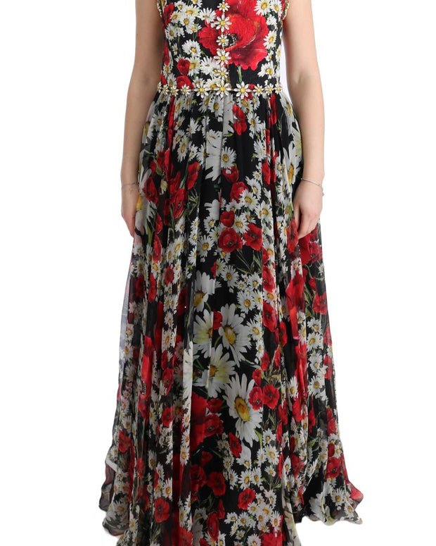 Multicolor Silk Floral Crystal Long Maxi Dress
