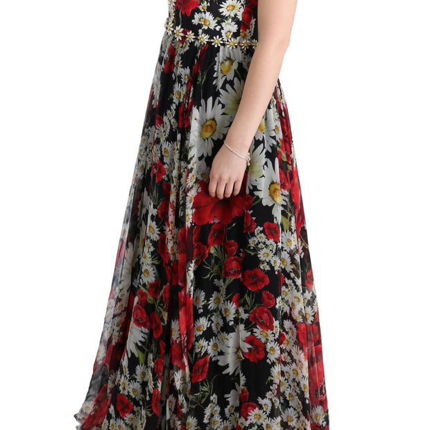 Floral Maxi Gown with Sunflower Print and Crystals