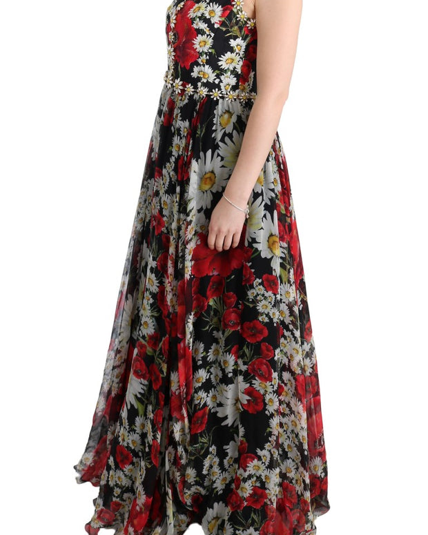 Multicolor Silk Floral Crystal Long Maxi Dress