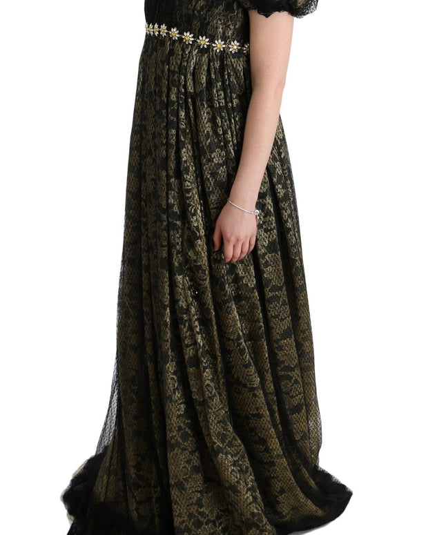 Black Yellow Crystal Lace Shift Dress