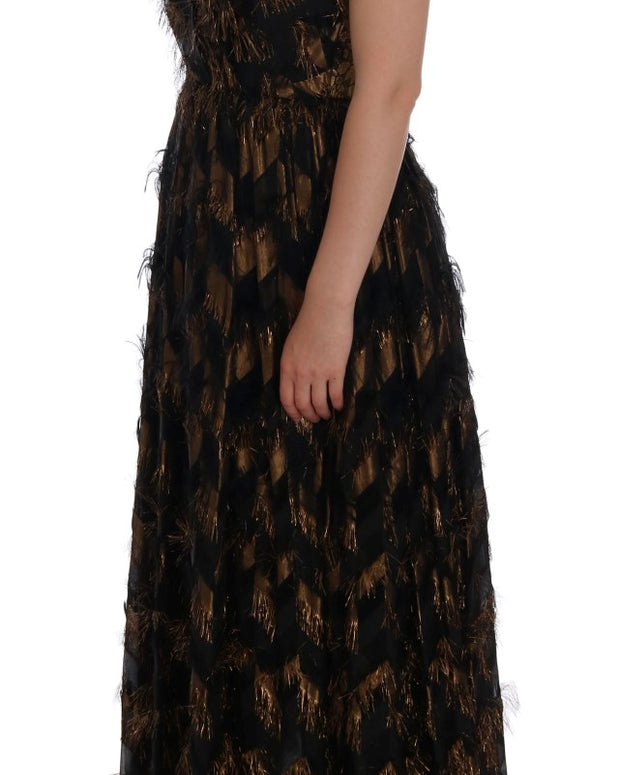 Black Silk Brown Fringes A-Line Dress