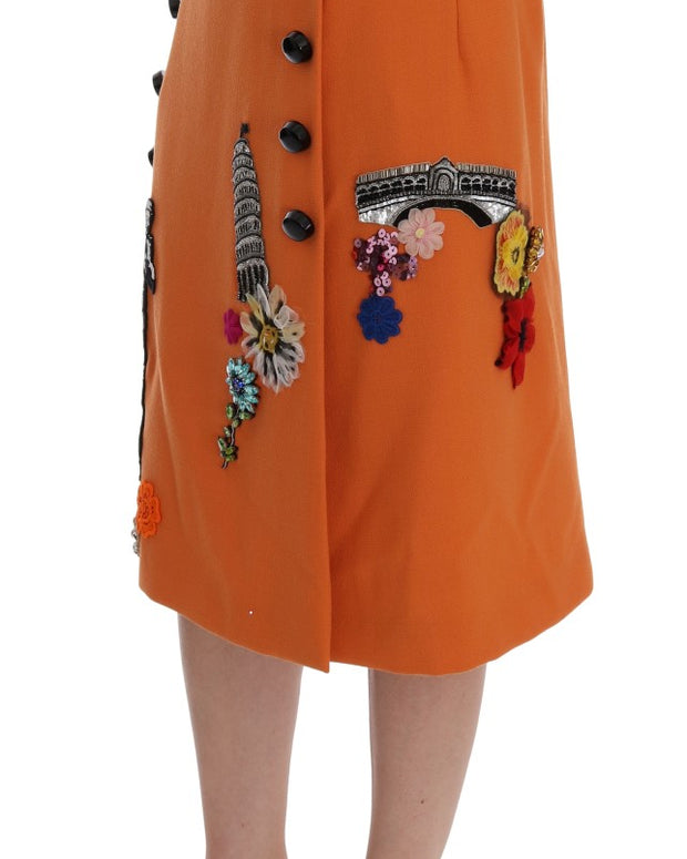 Orange Wool Crystal Sequin Appliques Skirt