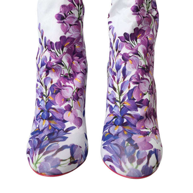 White Floral Jersey Stretch Boots Shoes