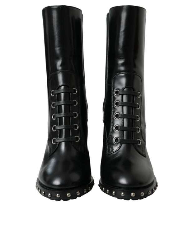 Black Leather Studded Lace Up Boots Shoes