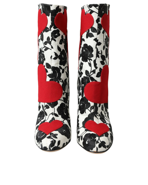 White Floral Hearts Leather High Boots Shoes
