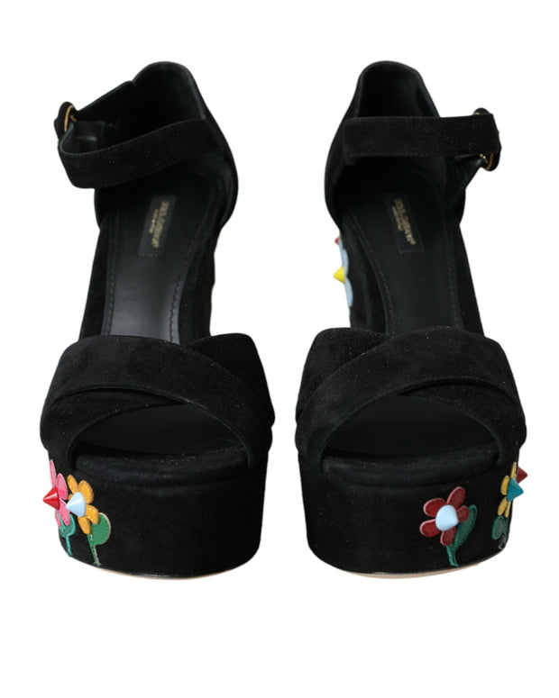 Black Floral Ankle Strap Heels Sandals Shoes