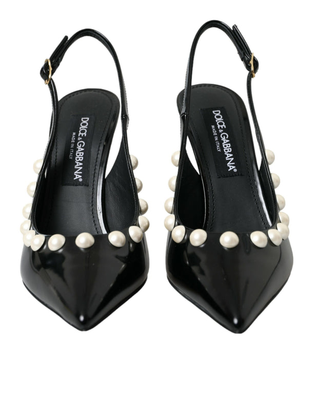 Black Leather Faux Pearl Heel Slingback Shoes