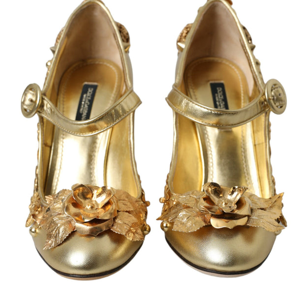 Gold Leather Crystal Mary Janes Pumps Shoes