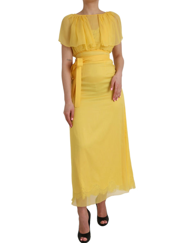 Yellow Silk Sheath Belted Long Maxi Dress