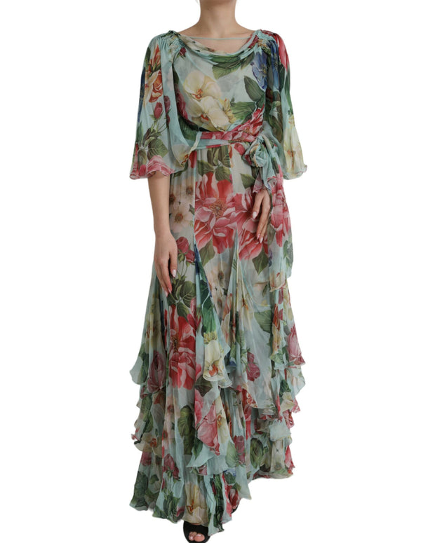 Blue Floral Print Tiered Long Maxi Dress