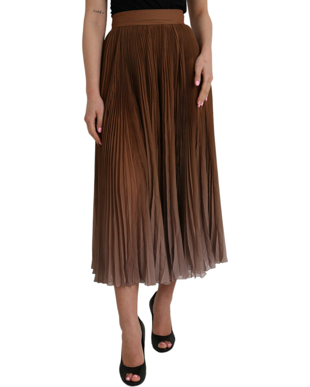 Brown Polyester Pleated High Waist Midi Skirt