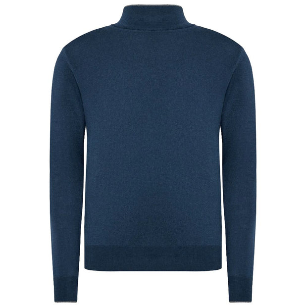 Blue Wool Men Sweater with Half Zip Closure